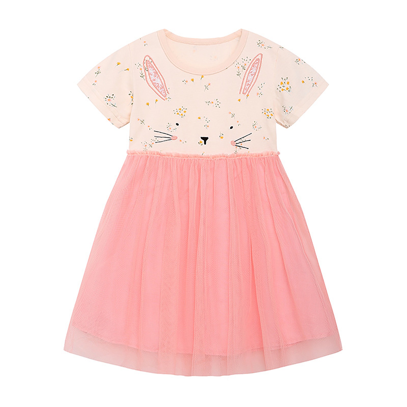 Toddler Girls Easter Tulle Dress 2-7 Years Summer New Rabbit Short Sleeve Round Neck Mesh Princess Cotton Dress Pink